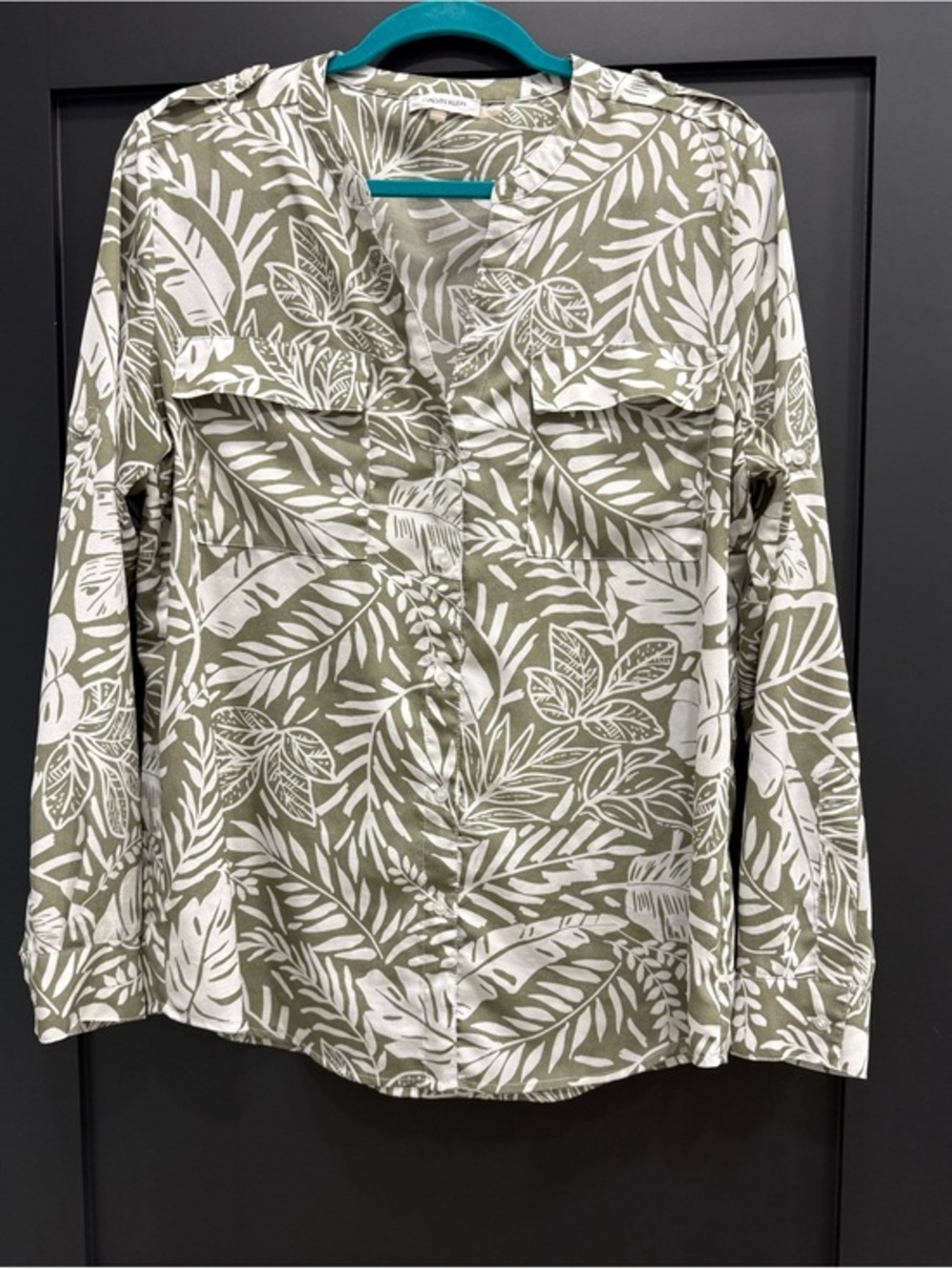 Calvin Klein Tropical Green & White Leaf Print Button-Up Blouse